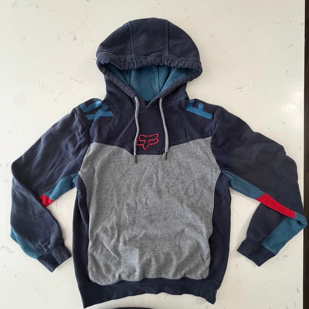 Y2K Fox heritage forged color block racing hoodie blue grey red retro 70s style